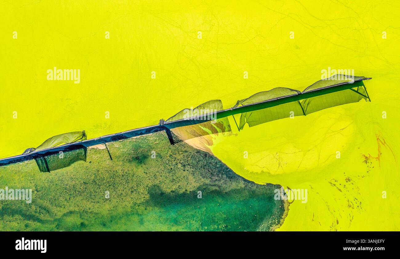 Aerial view of vibrant aquaculture facility with raceways and water ...