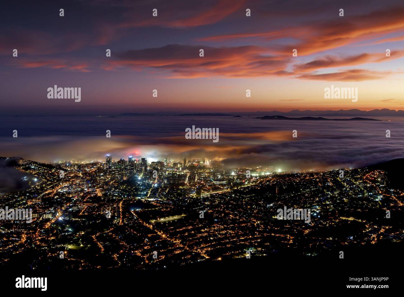 Aerial View of Cape Town in fog at night, Cape Town, South Africa Stock ...