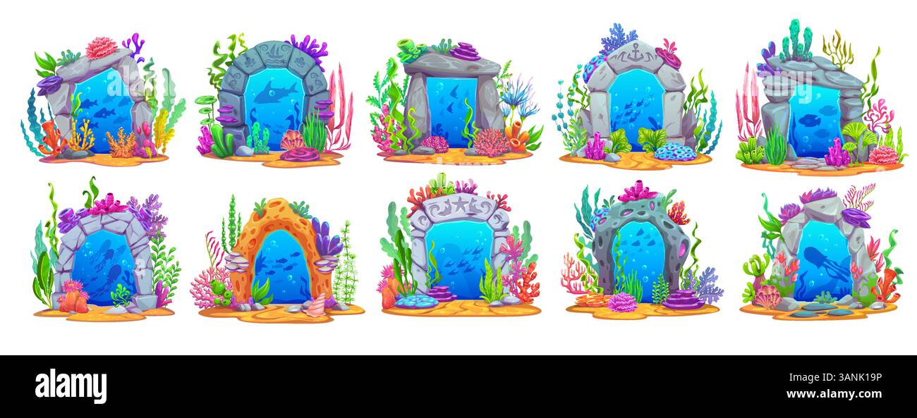 Sea Level Magic Magic game underwater sea portal, stone gate and door, vector UI assets ...