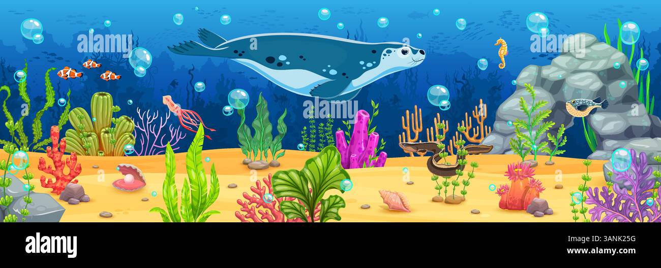Cartoon underwater landscape game background with seal, vector fishes ...