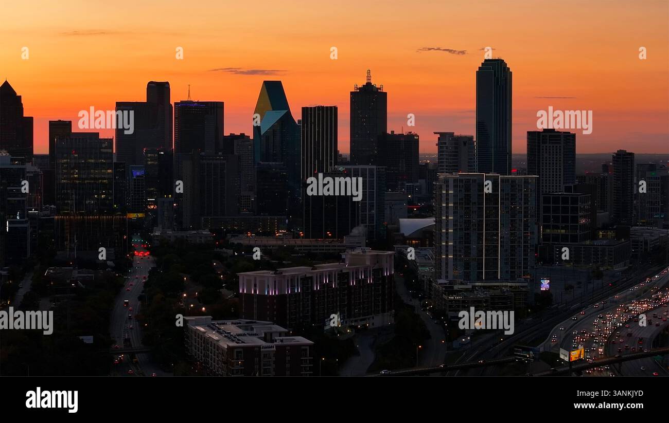 Dallas Sky Rises Aerial view of skyscrapers and skyline at sunrise, Dallas, United ...