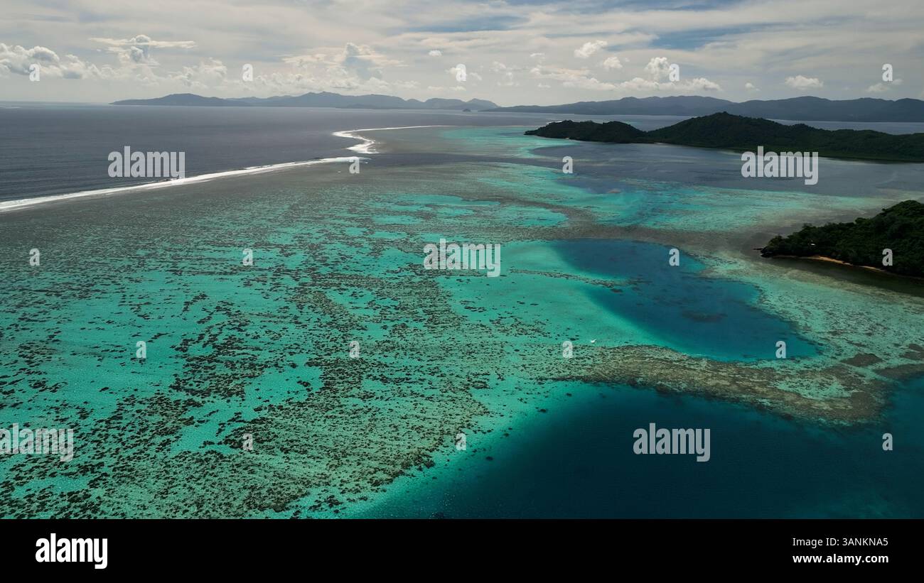 Aerial view of tropical island with reef and ocean, Eastern Fiji Stock ...