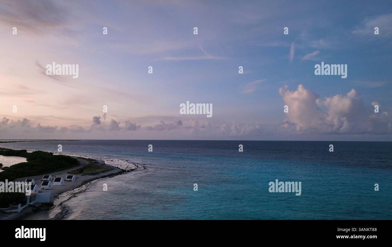 Aerial view of beautiful tropical reef and serene coastline at sunset, Bonaire, Caribbean Netherlands. Stock Photo