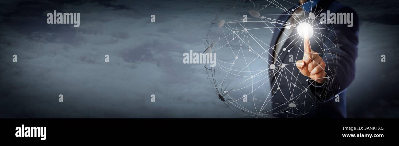 Blue chip manager activating a globe shape network high above the clouds. Information technology concept for global communications, computer network a Stock Photo