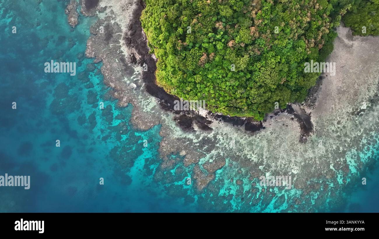 Aerial view of tropical island with reef and ocean, Northern, Fiji ...