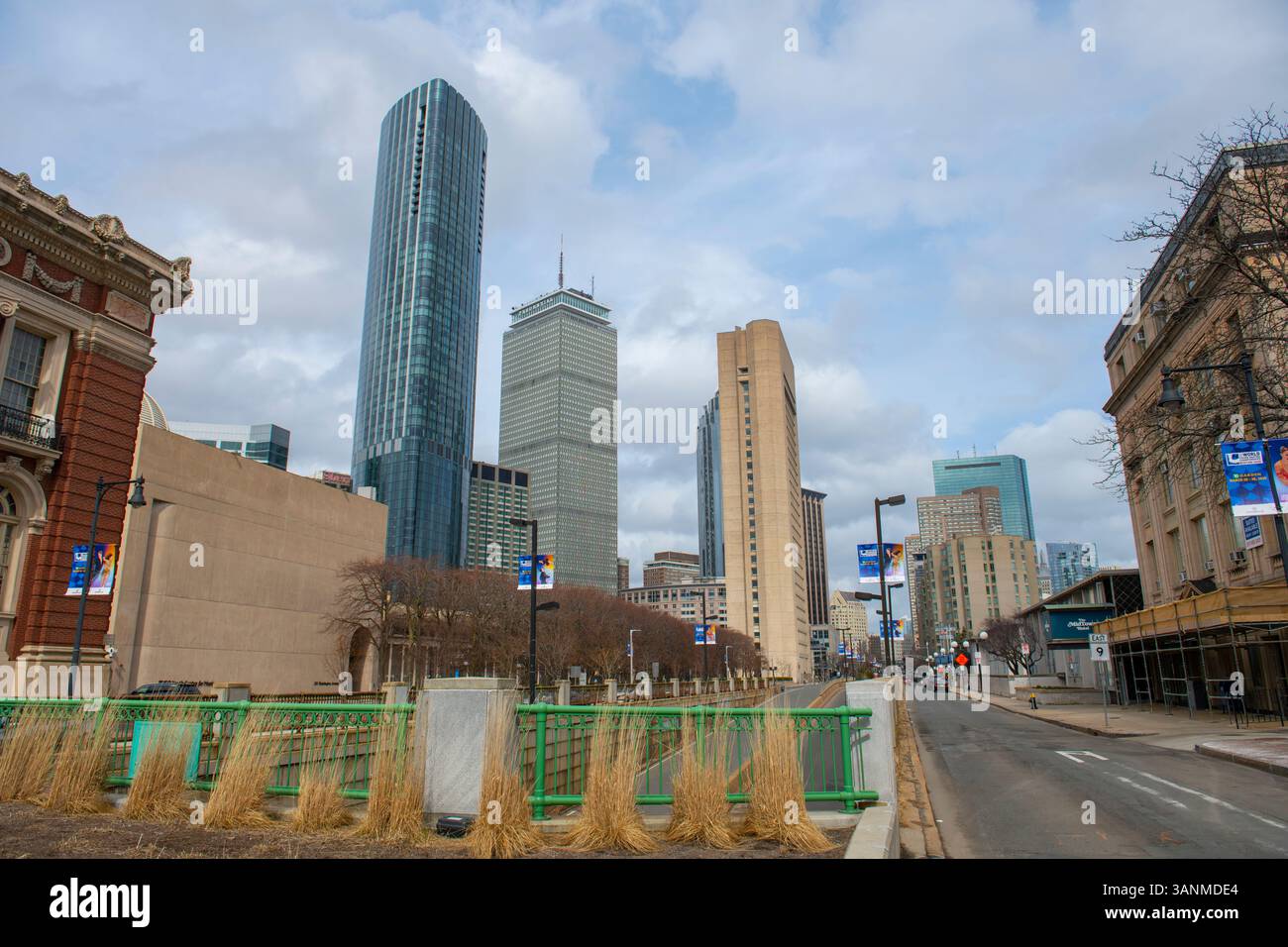 Boston Back Bay modern city skyline from Huntington Avenue including Prudential Tower, Four Season Hotel at One Dalton Street, in Boston, Massachusett Stock Photo