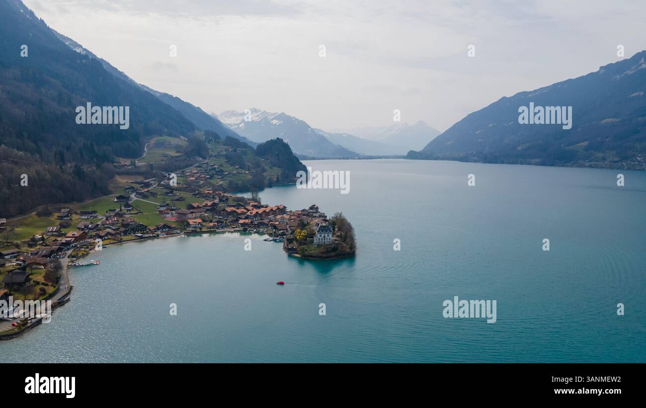 Aerial view of small town Iseltwald on the lake Brienz, Switzerland ...