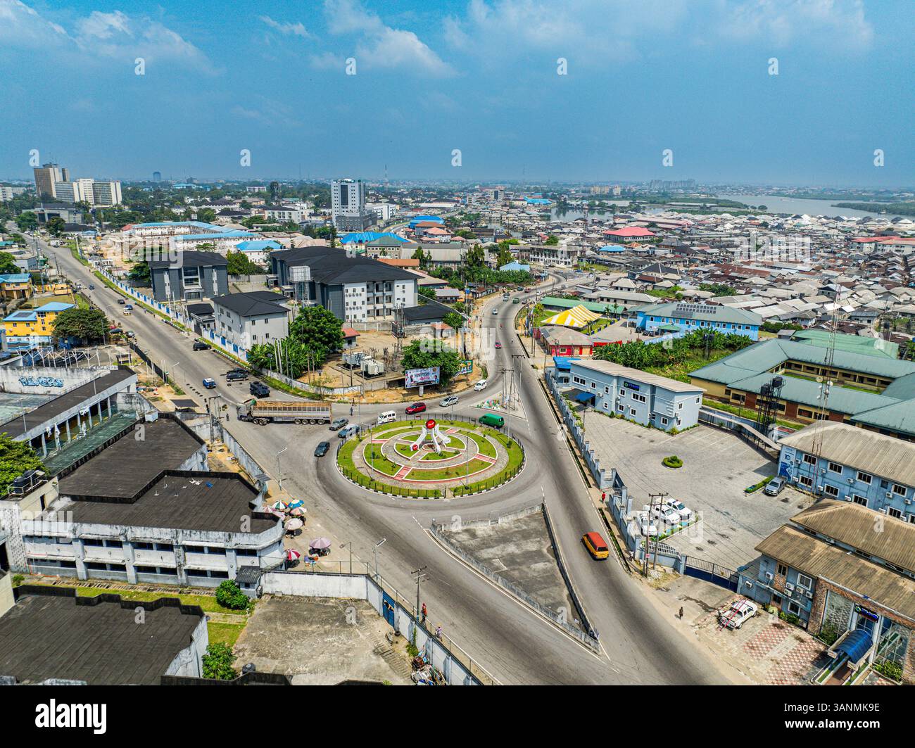 Aerial view of moscow road roundabout with busy roads and modern ...