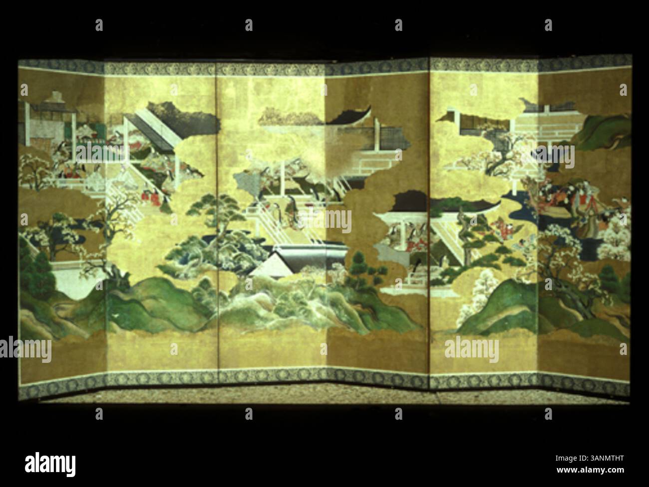 A six-panel screen painting depicting scenes from the 'Tale of Genji ...