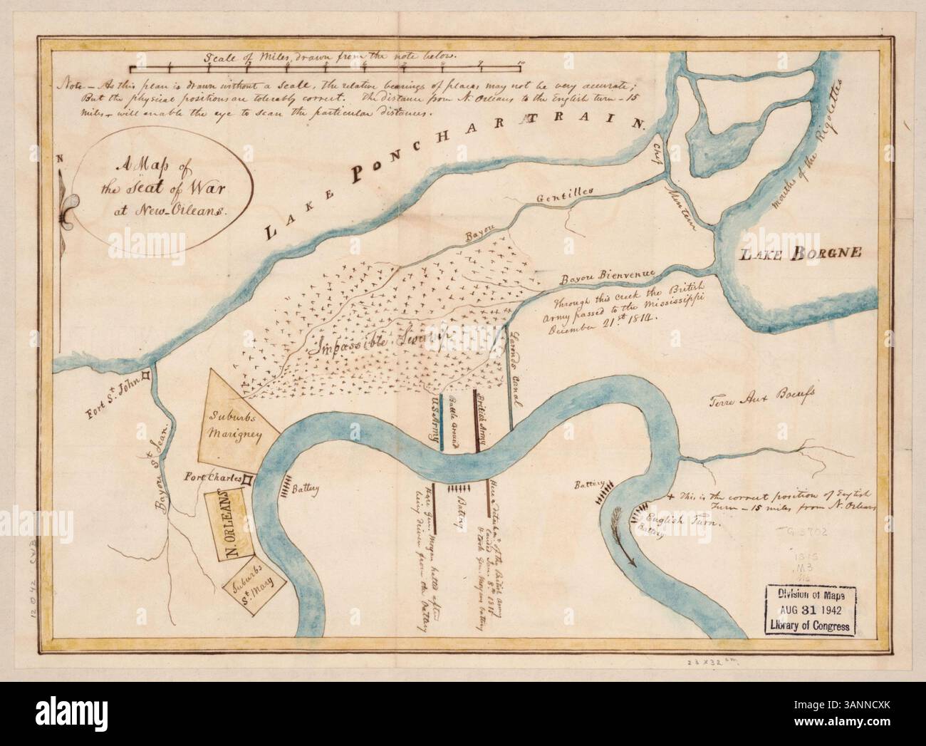 This 1815 map depicts the advance of British troops in New Orleans from ...