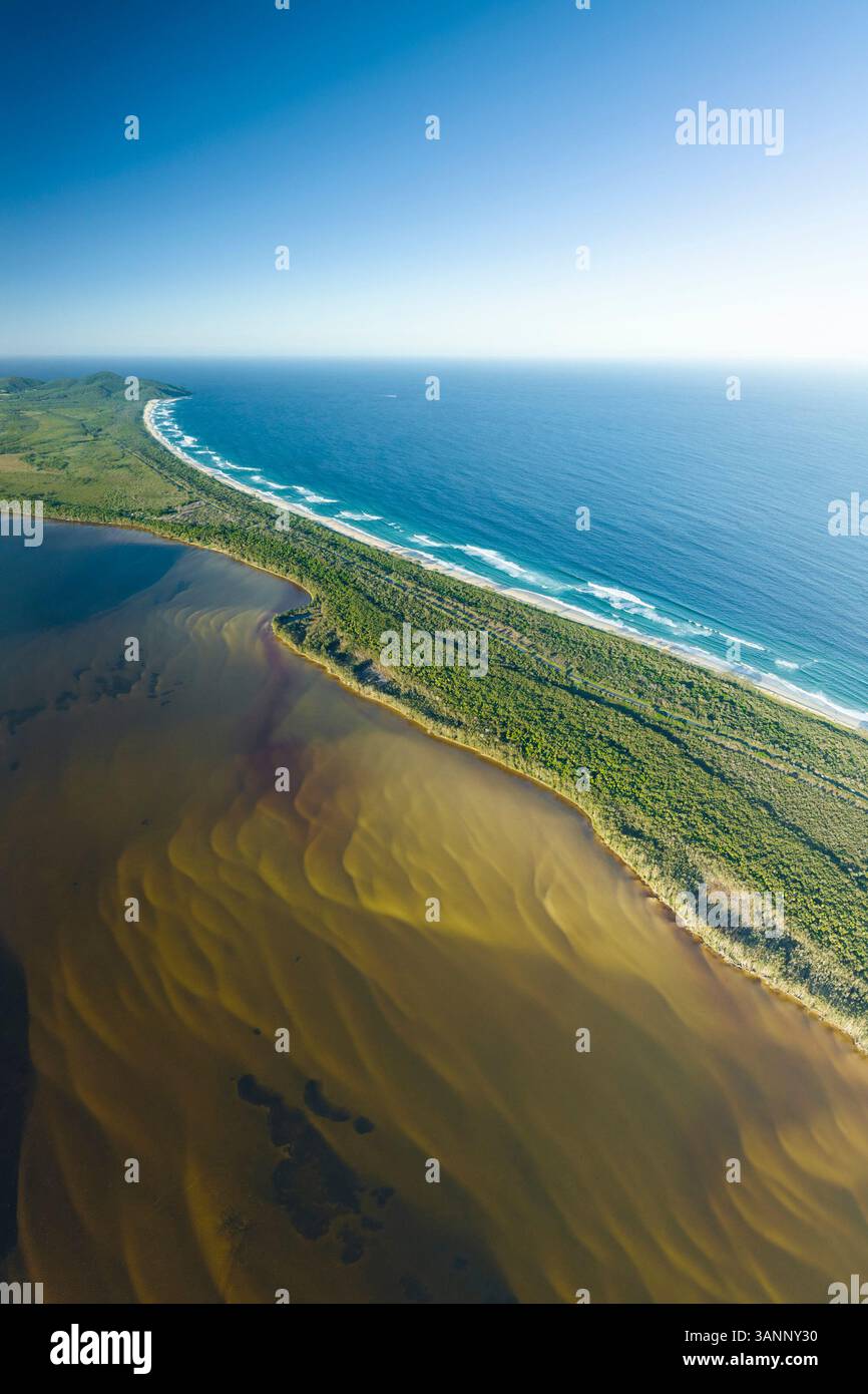 Aerial view of Wallis Lake and the ocean coastline, New South Wales, Australia. Stock Photo