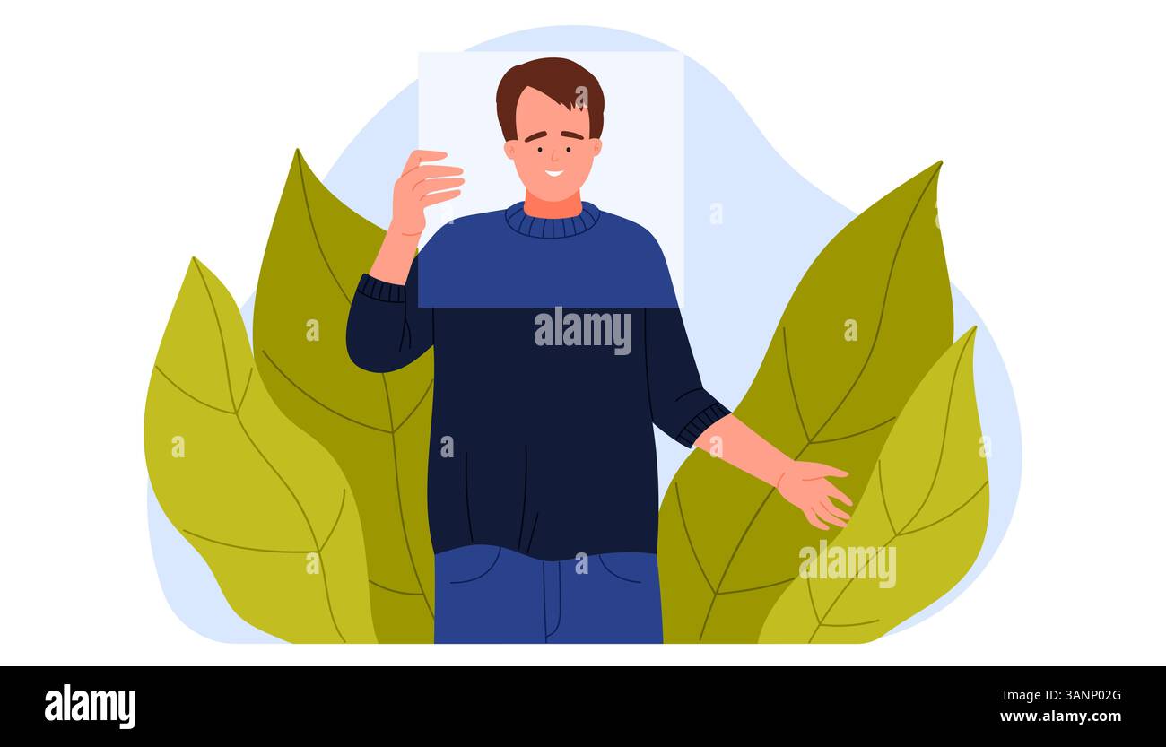 Hypocrisy, dishonesty of people, impostor syndrome, bipolar disorder. Dishonest man holding portrait of young guy with smile to cover and hide face, pretend to be happy cartoon vector illustration Stock Vector