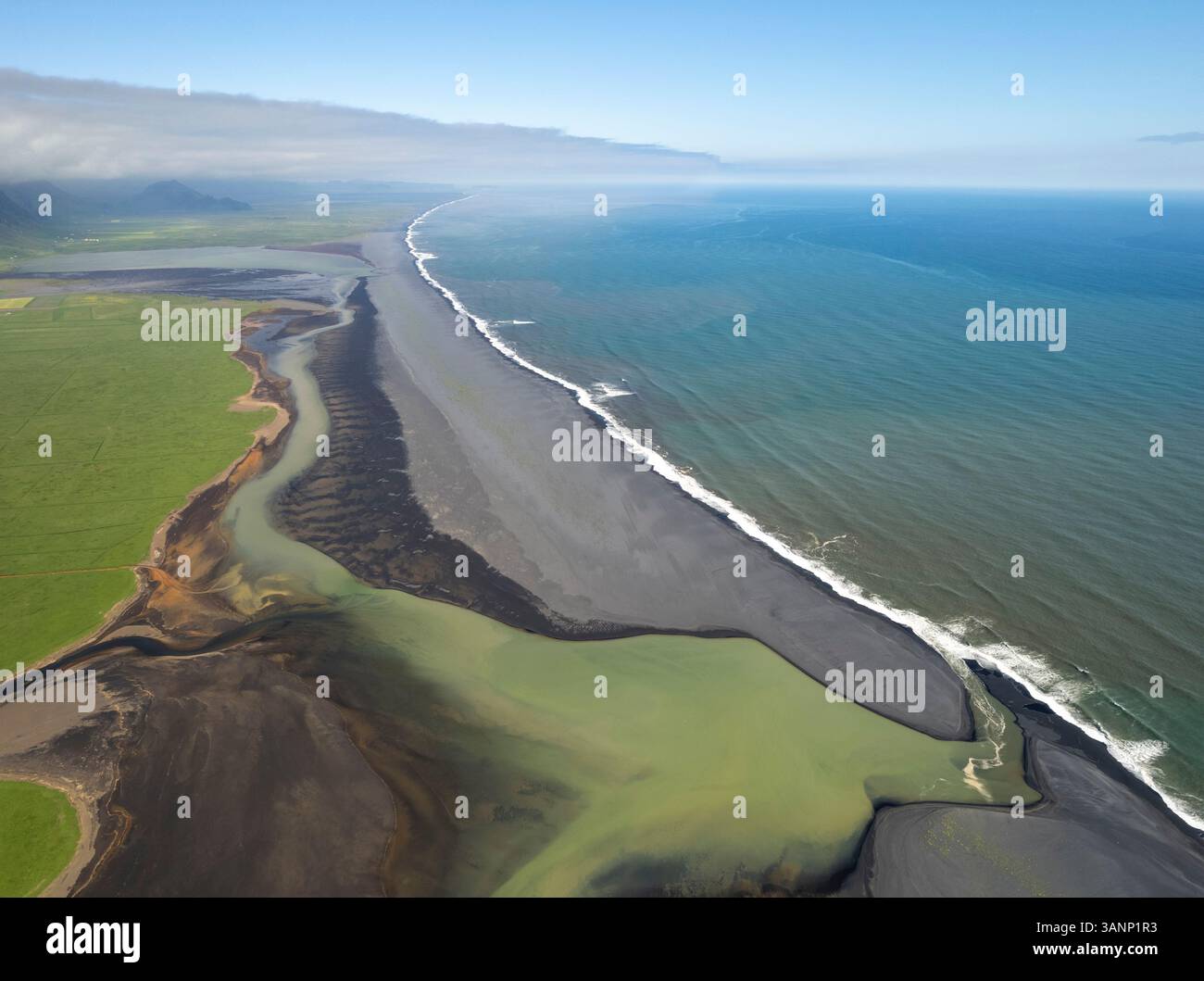 Aerial view of black sand beach with coastline, Holt, Iceland Stock ...