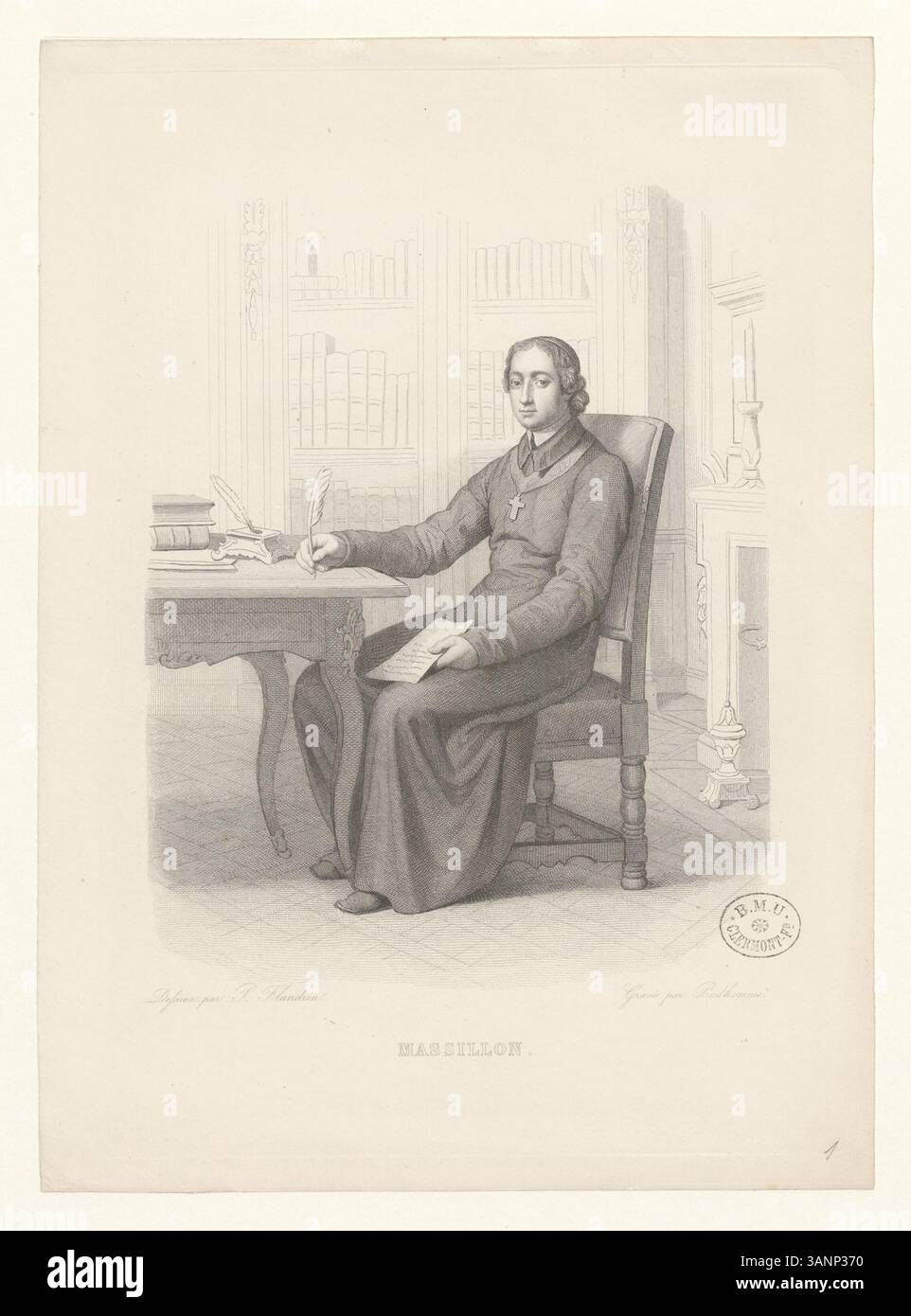 An intaglio print of Jean-Baptiste Massillon, highlighting his role as a religious figure in 18th century France. The print is part of the Boyer collection. Stock Photo