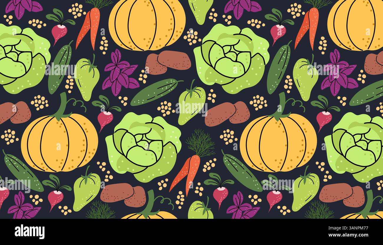 Vegetables horizontal pattern on a dark background Stock Vector