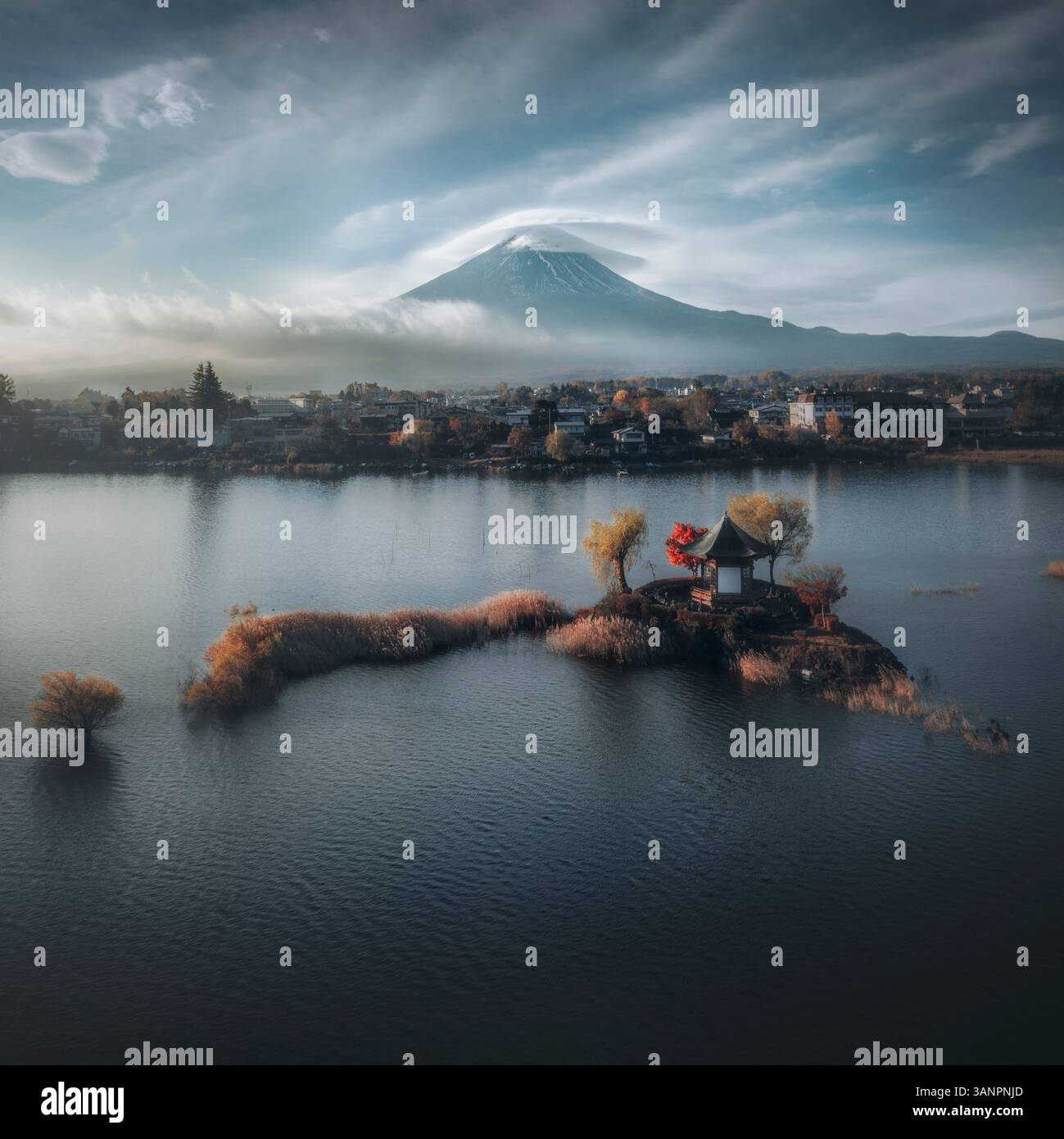 Aerial view of serene Lake Kawaguchi with majestic Mount Fuji and ...