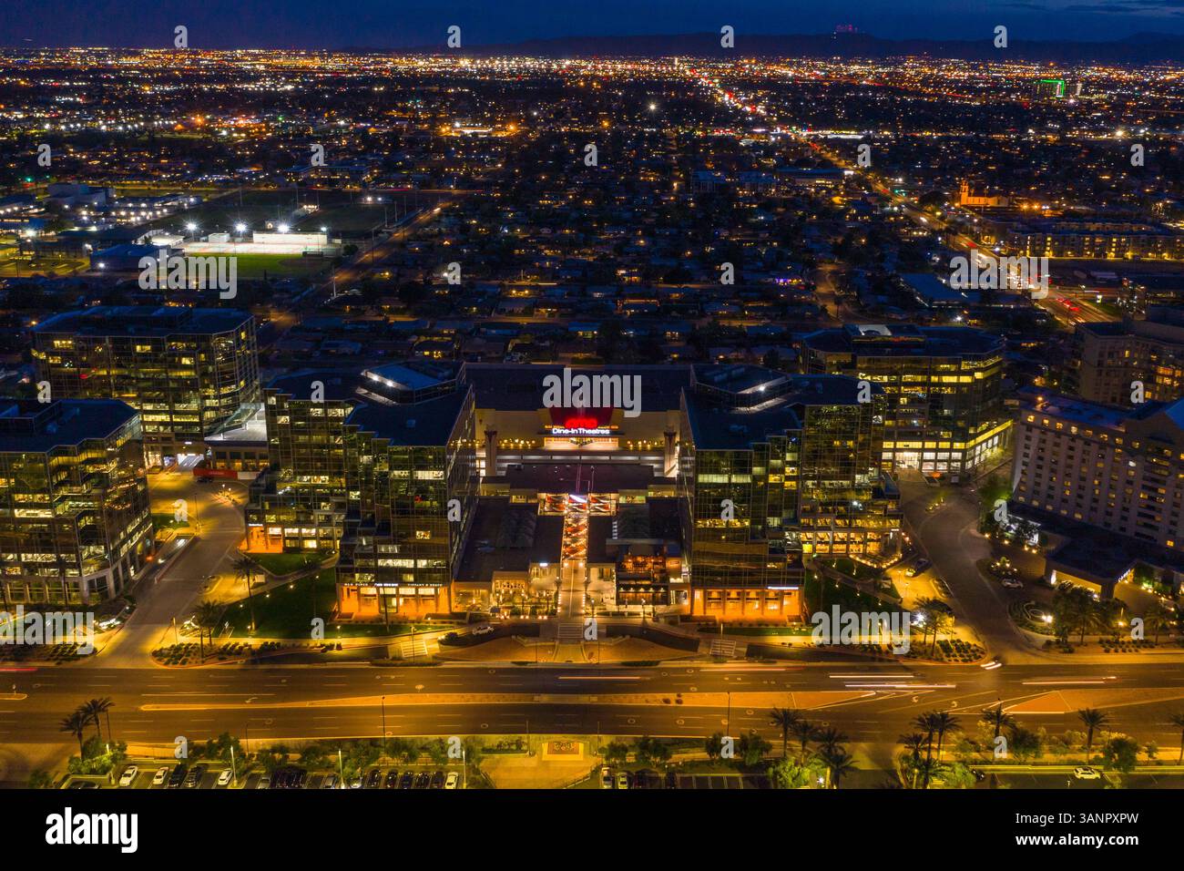 Aerial view of Phoenix City mall and the skyline at sunset in Arizona, United States of America. Stock Photo
