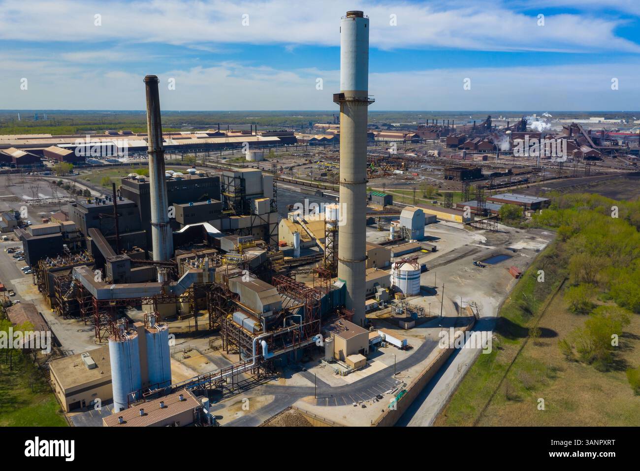 BURNS HARBOR, INDIANA, USA - MAY 14, 2019: Aerial view of a modern steel producing facility on the shores of Lake Michigan in Indiana, USA Stock Photo