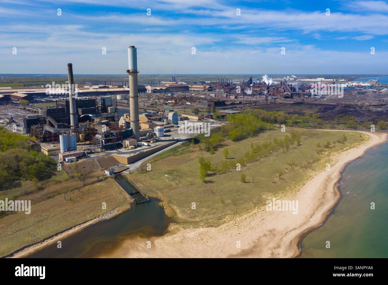 BURNS HARBOR, INDIANA, USA - MAY 14, 2019: Aerial view of a modern steel producing facility on the shores of Lake Michigan in Indiana, USA Stock Photo