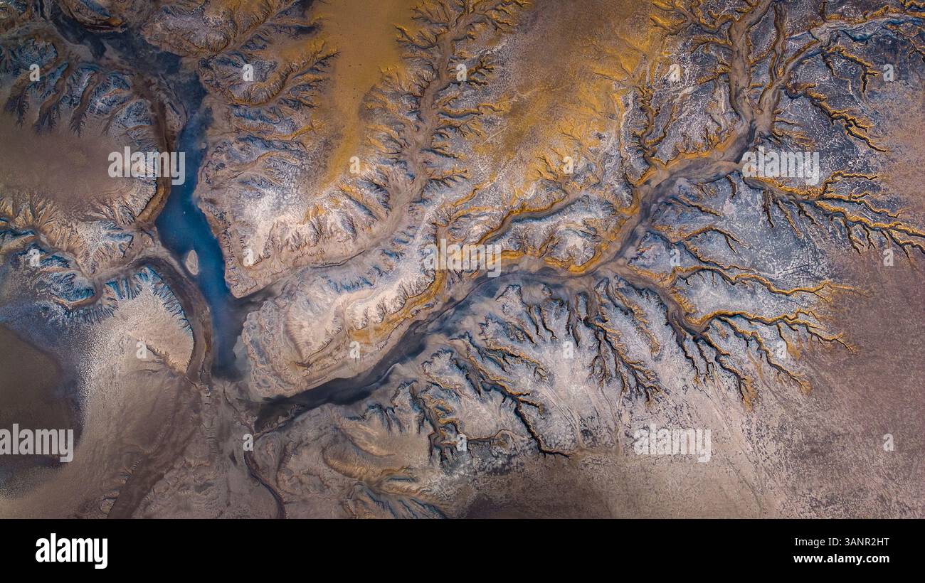 Aerial view of braided rivers in an intricate network amidst rugged ...