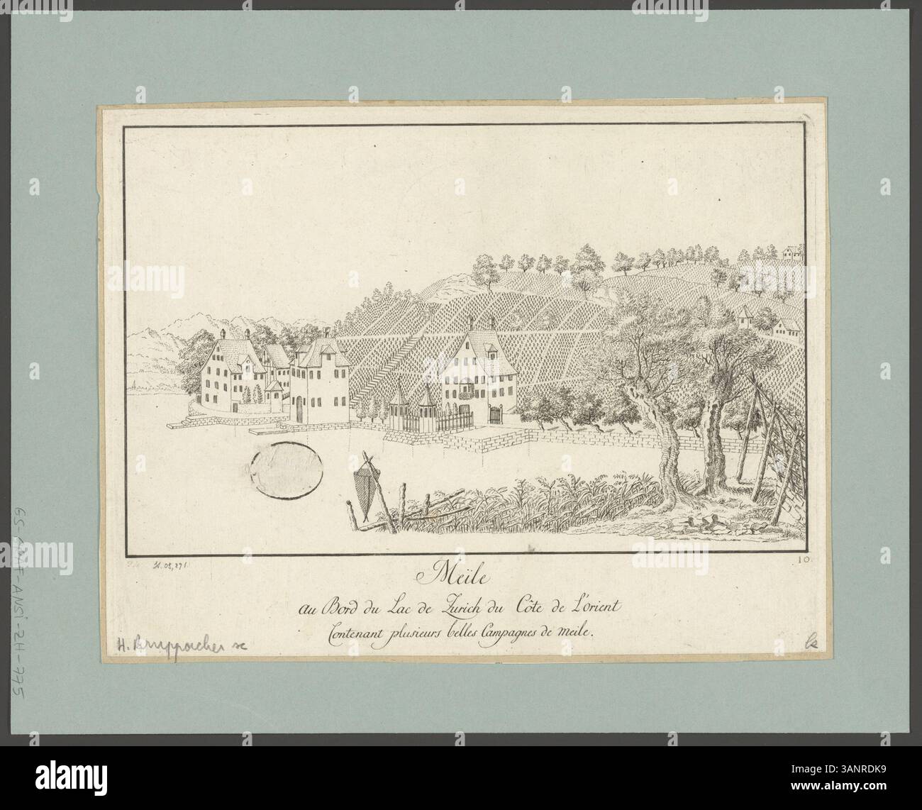 This etching by Heinrich Brupbacher from 1794 depicts the Meile area along the eastern shore of Lake Zurich. It showcases the countryside surrounding the area with several prominent landscapes. The print is part of a series titled 'Der Zürich-See mit allen seinen Angränzungen in seiner natürlichen Lage,' published by Johannes Hofmeister. Stock Photo