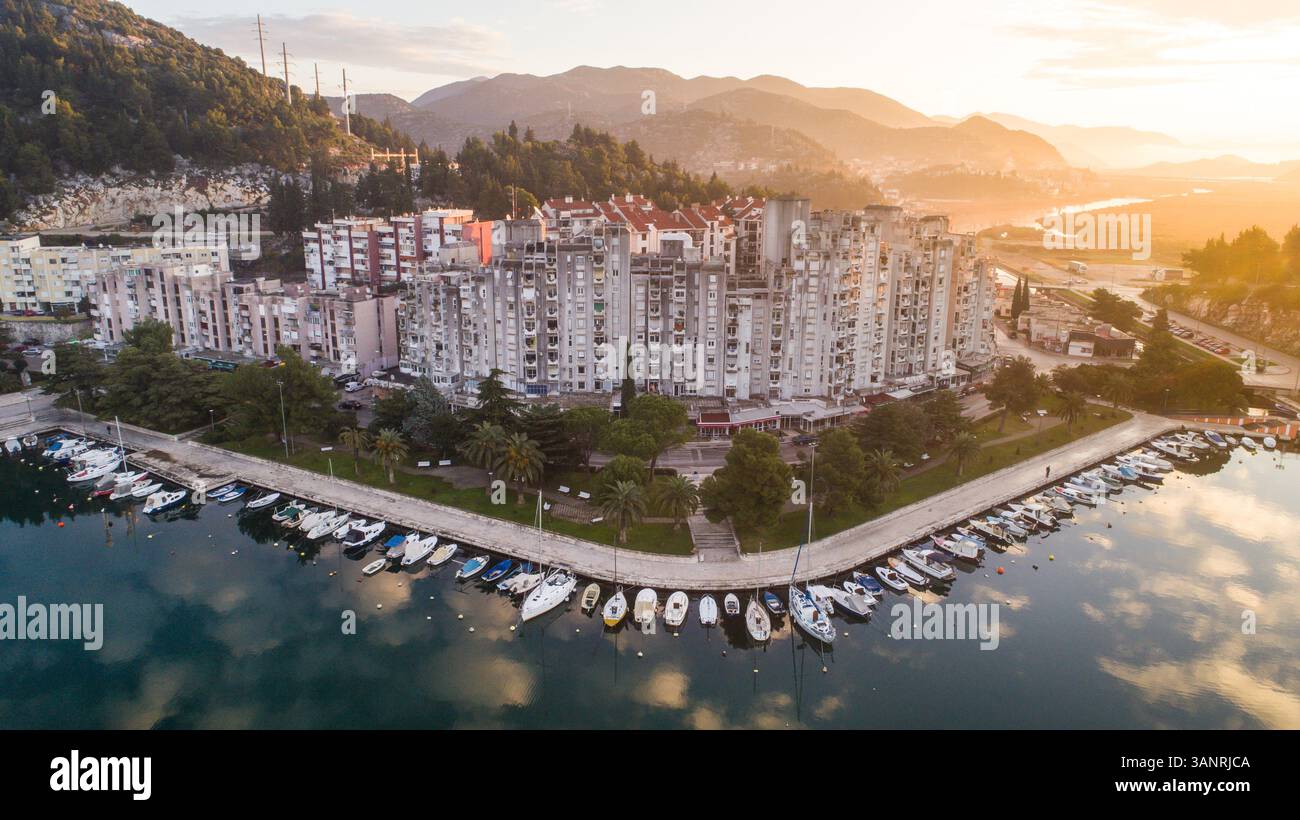 Aerial view of dawning in the city of Ploce in Dalmatia, Croatia. Stock Photo