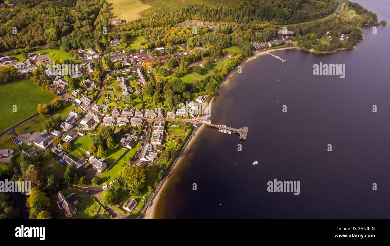 Aerial view of Luss, small place in the Loch Lomond and The Trossachs national park near Glasgow in Scotland. Stock Photo