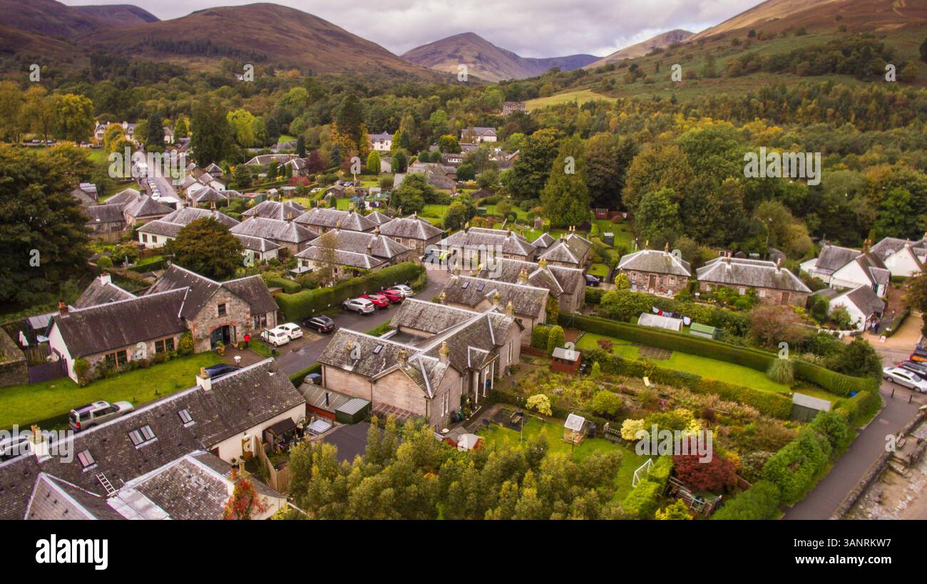 Aerial view of Luss, small place in the Loch Lomond and The Trossachs national park near Glasgow in Scotland. Stock Photo
