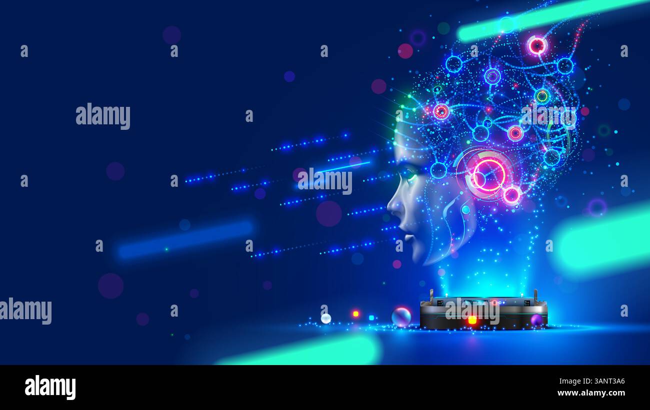 Artificial intelligence. AI head with neural network brain hanging over virtual digital podium. Wise female face in cyberspace. Machine learning. Mind Stock Vector