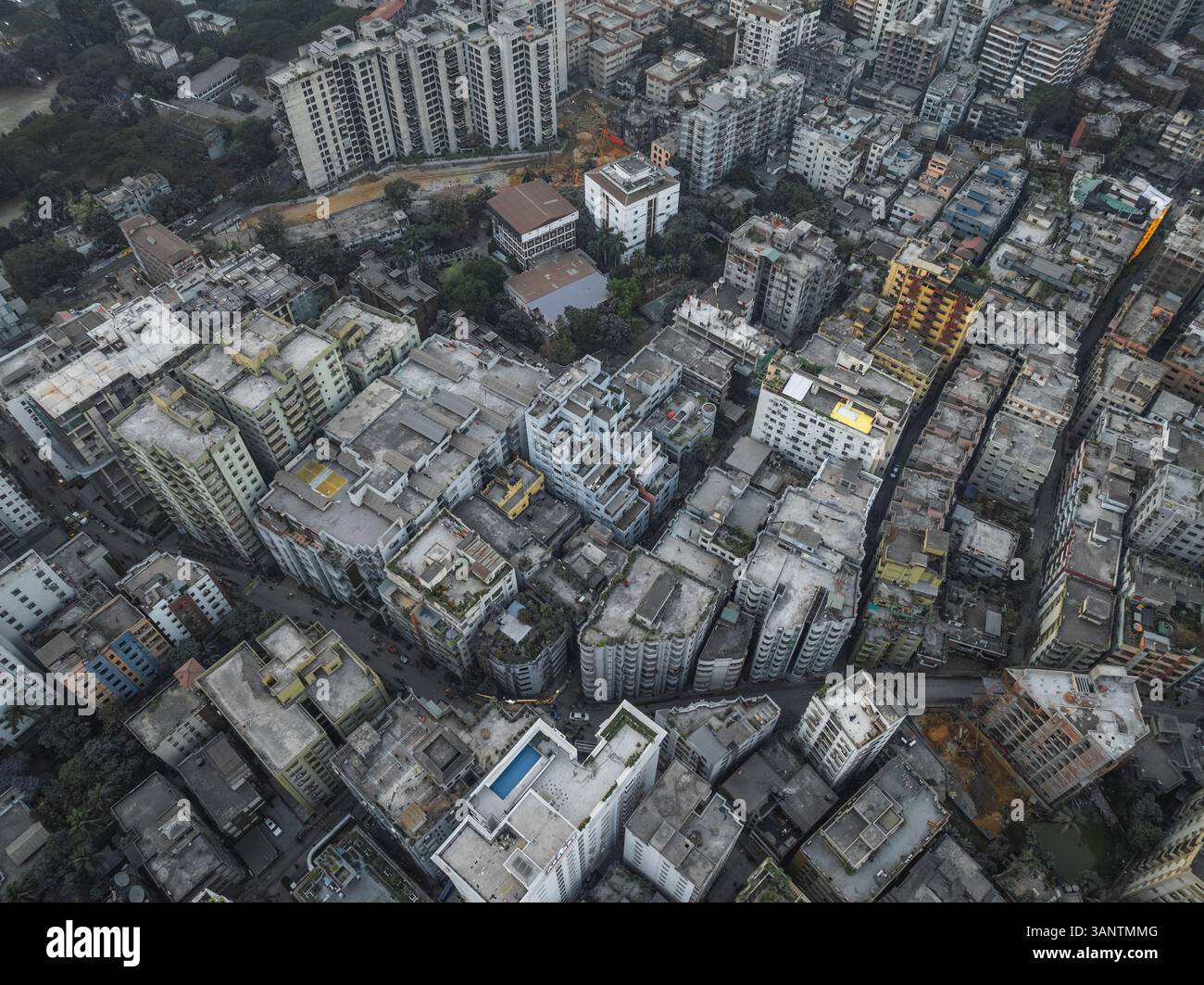 Aerial view of crowded urban skyline with modern high-rise buildings ...