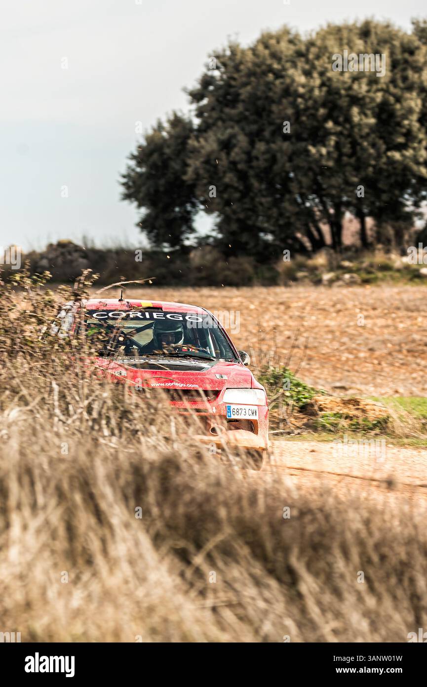 Madrid, Spain; 02-15-2025: A red Mitsubishi Lancer Evo emerges from behind bushes on a dirt road, kicking up dust in a high-speed rally race. The vehi Stock Photo