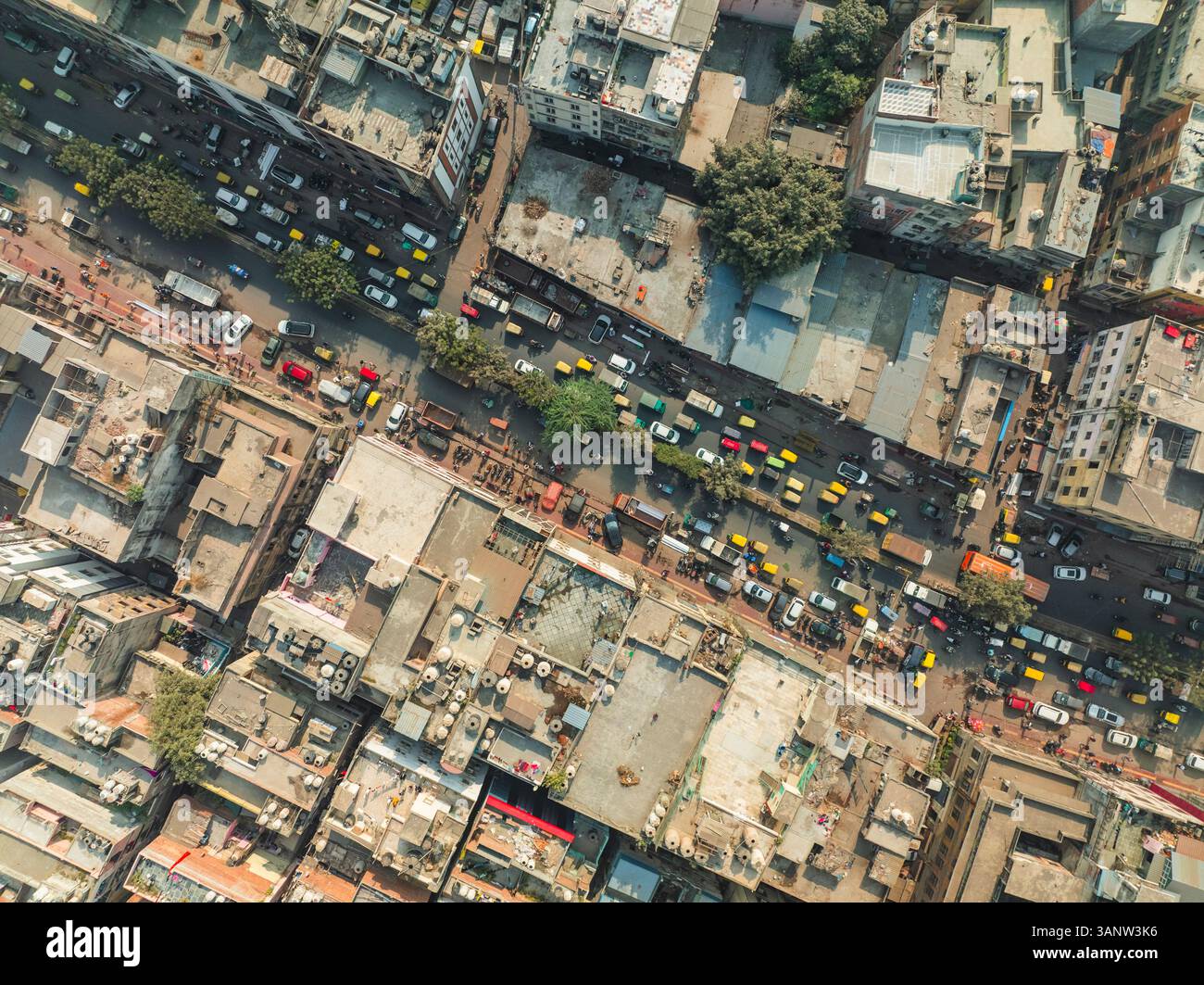 Aerial view of bustling streets and colorful rooftops in Paharganj, New ...