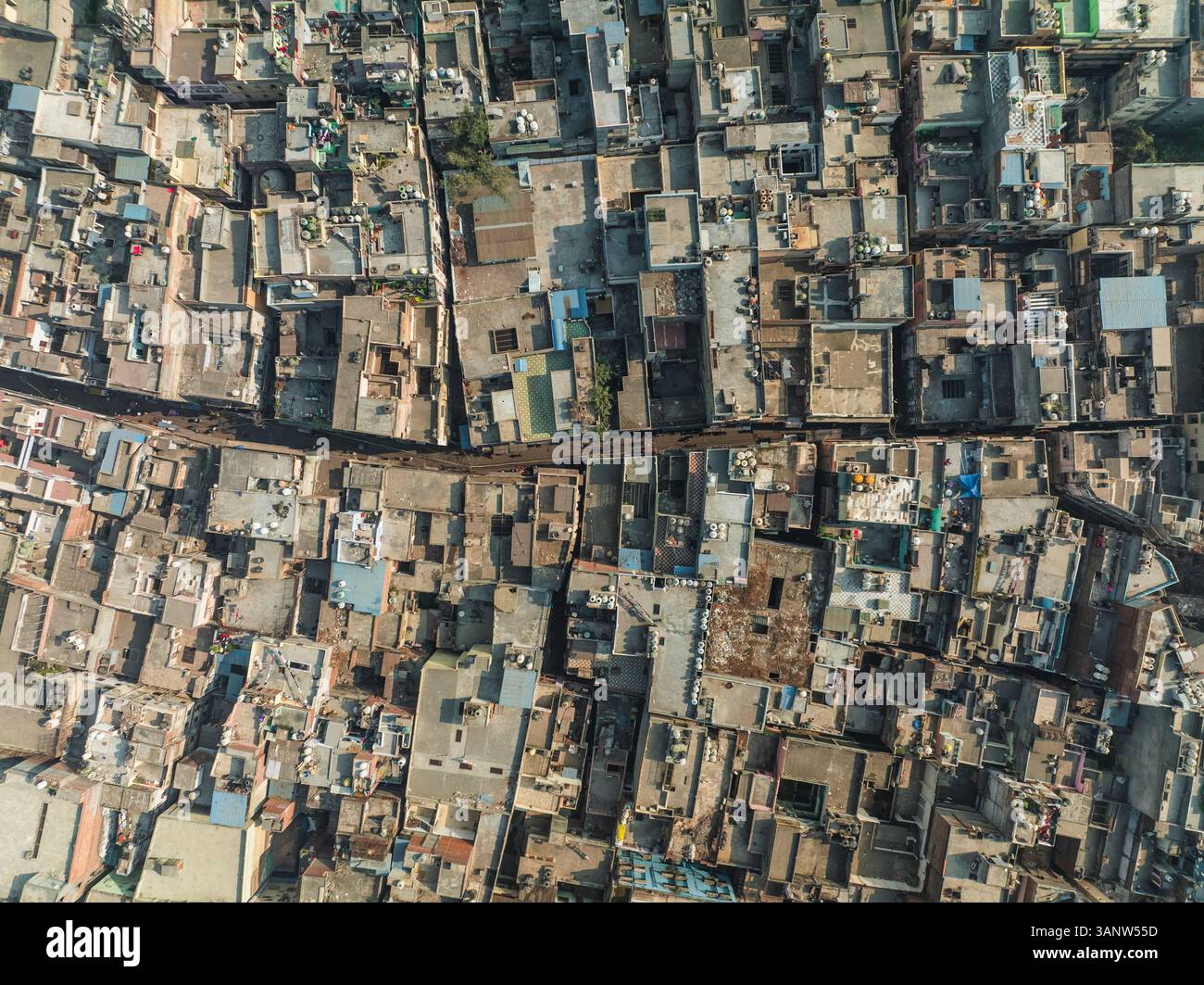 Aerial view of bustling old town with dense rooftops and crowded ...