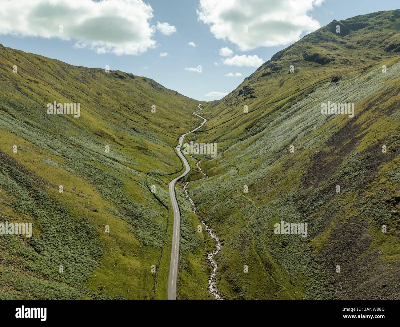 Aerial view of scenic Kirkstone Pass with winding road and lush hills ...