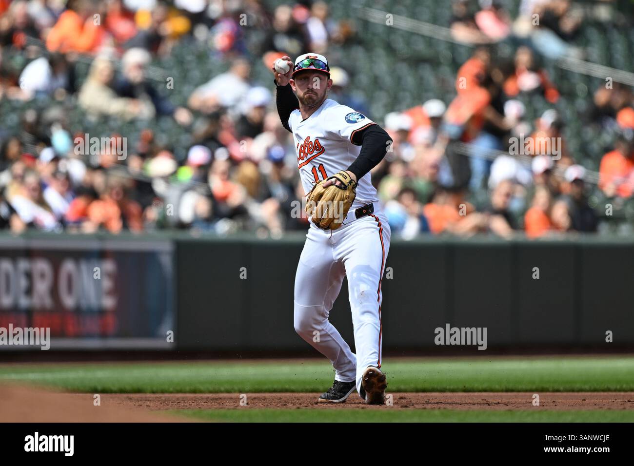 Baltimore Orioles third baseman Jordan Westburg (11) throws to first ...