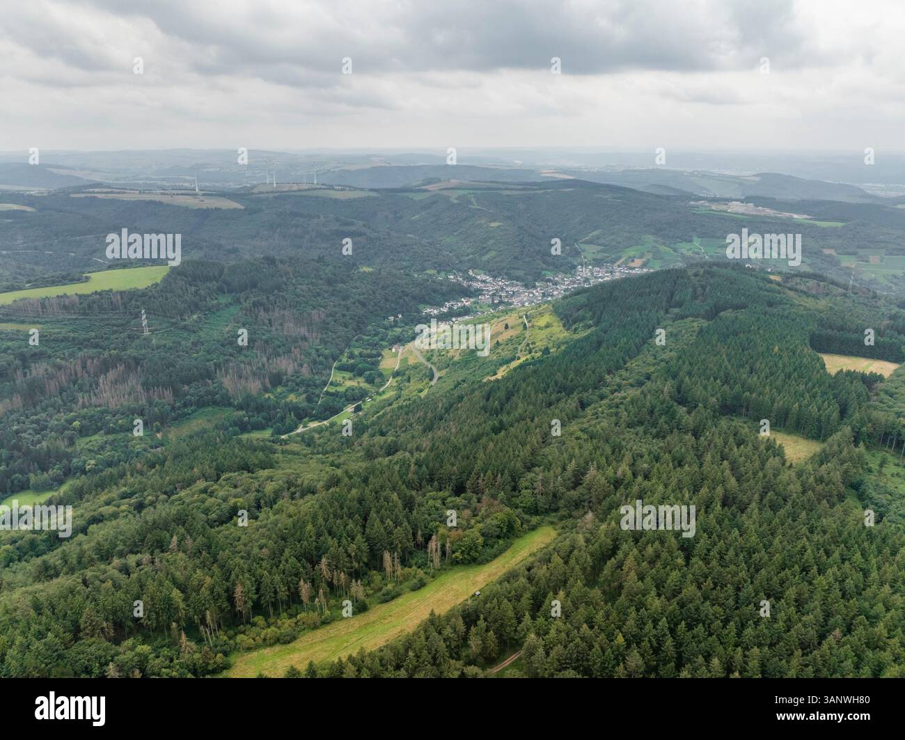 Aerial view of lush green hills and tranquil valleys with dense forest ...