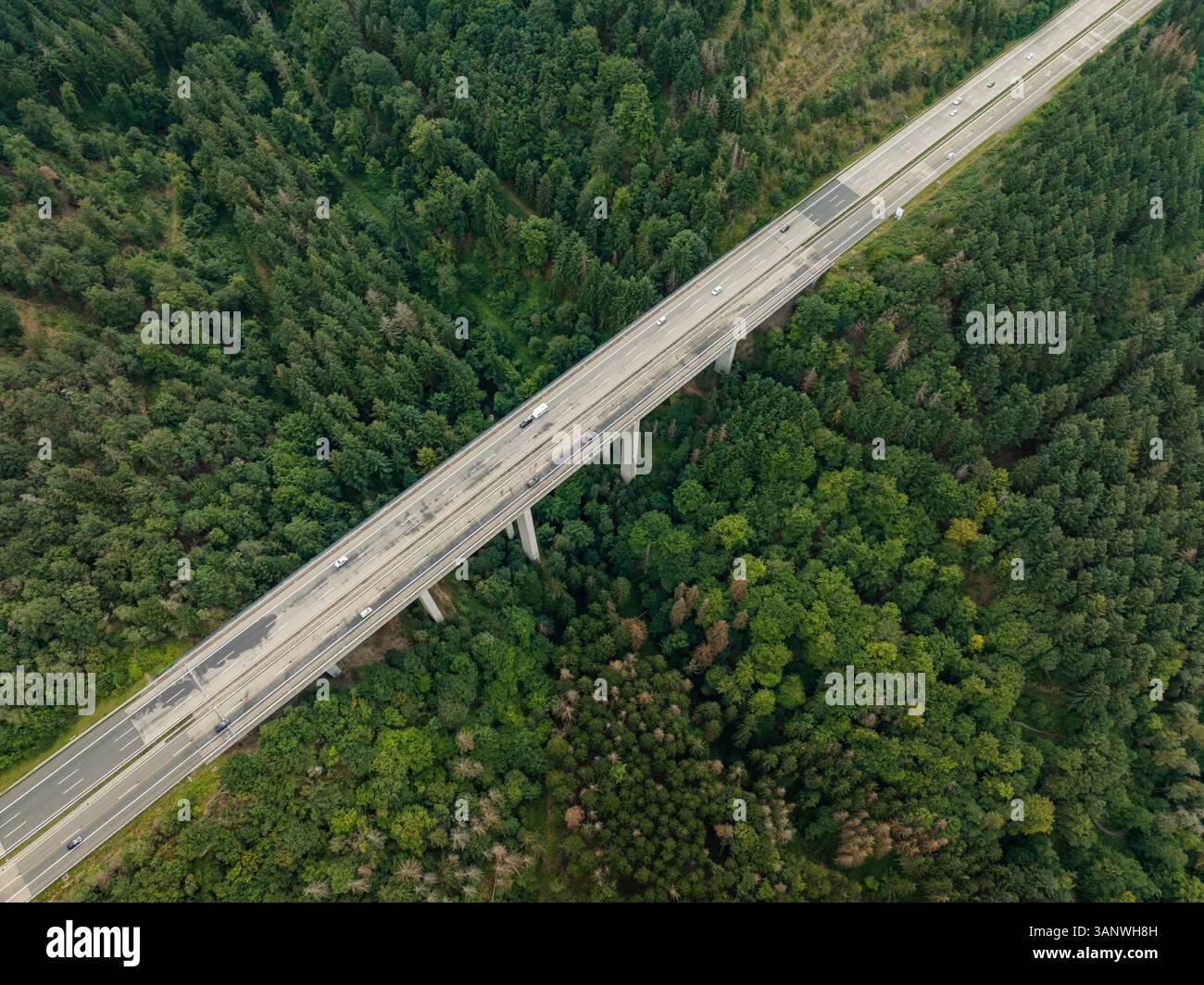 Aerial view of a scenic highway crossing through lush forest and ...