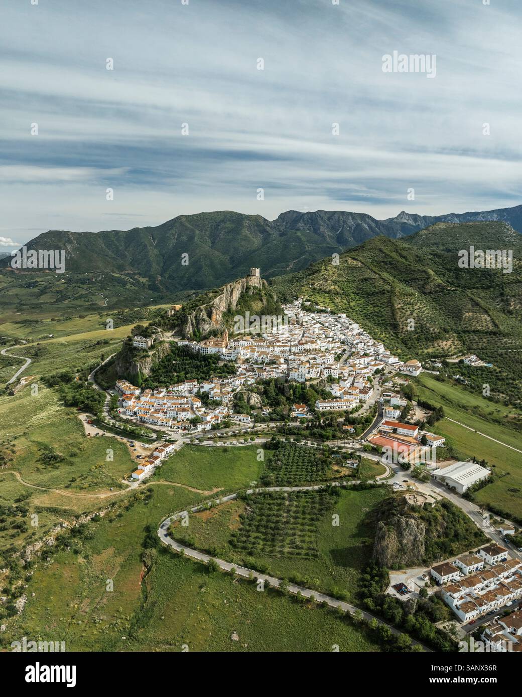 Aerial view of rural village Zahara de la Sierra, Andalusia, Spain ...