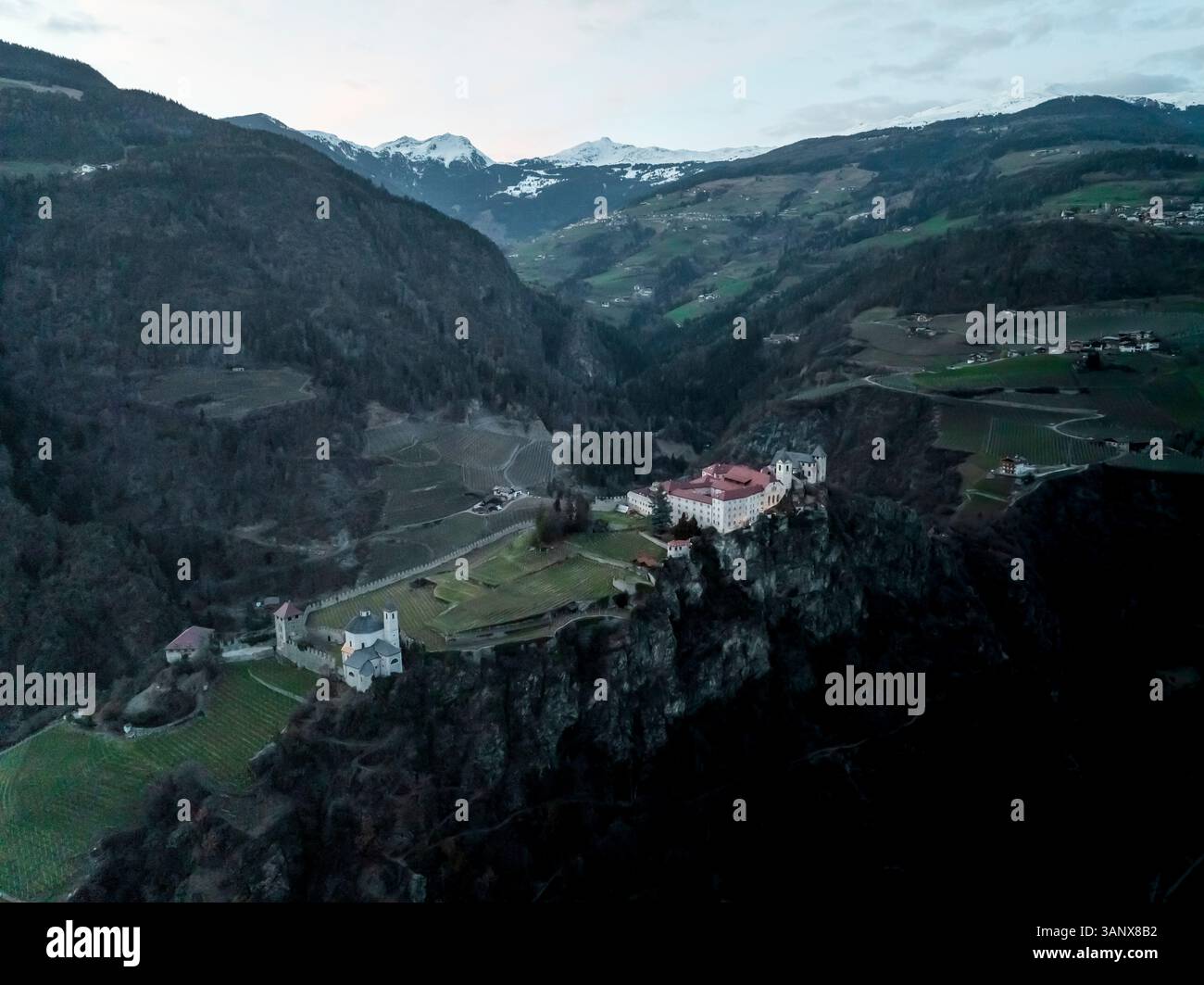 Aerial view of Chiavenna town with Sabiona Monastery, Klausen, South Tyrol, Italy. Stock Photo