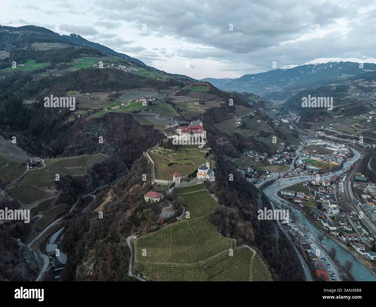 Aerial view of Chiusa town and Sabiona Monastery, Klausen, South Tyrol, Italy. Stock Photo