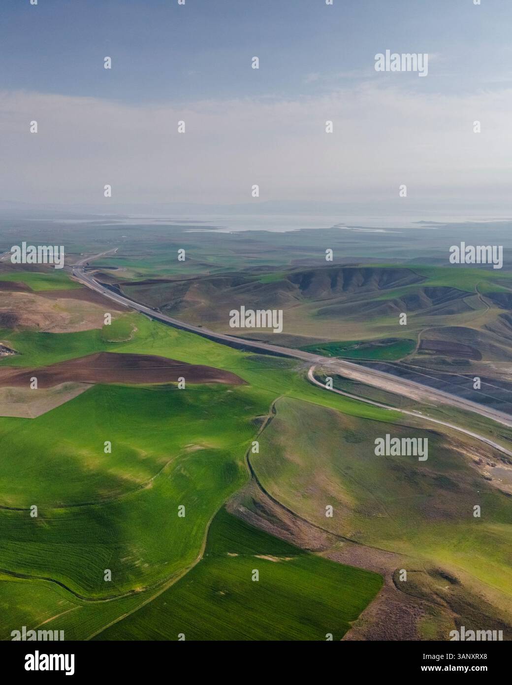 Aerial view of a road crossing the hills in Central Anatolia region ...