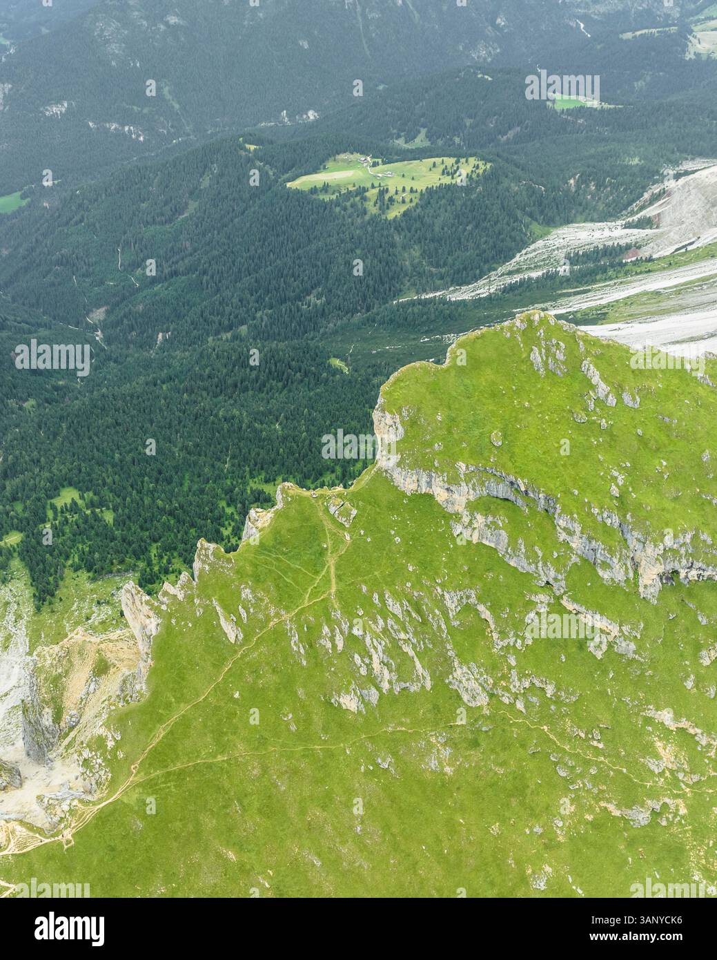 Aerial view of Seceda mountain ridge on the Dolomites in the Odle ...