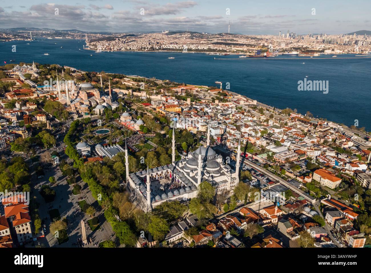 Aerial view of Hagia Sophia mosque and the Blue Mosque in Sultanahmet ...