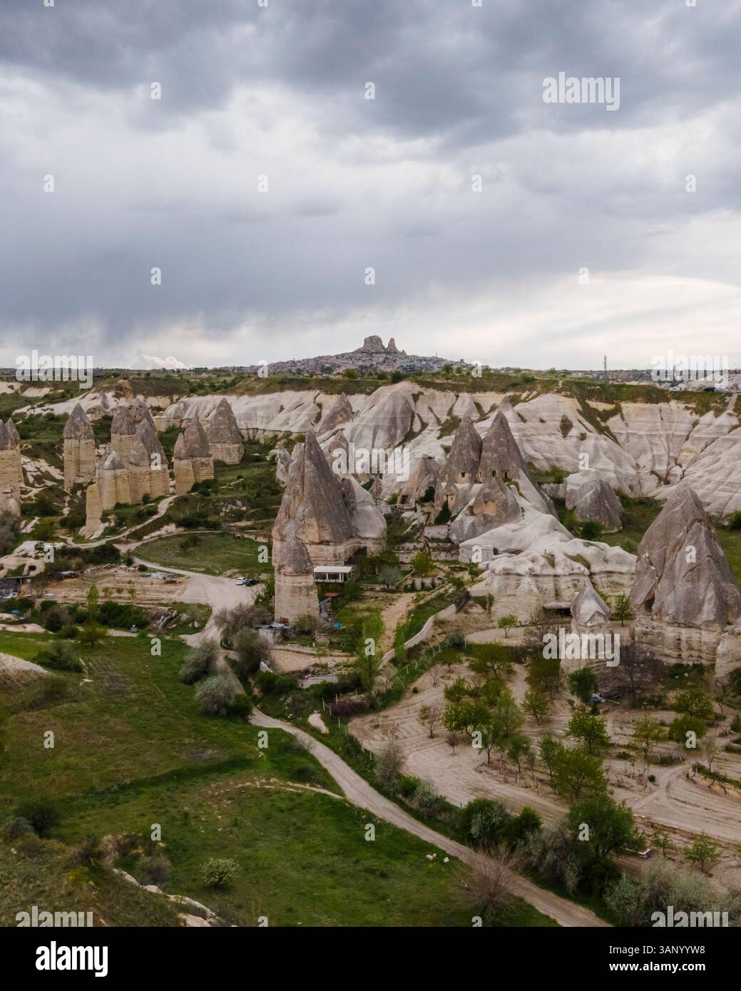 Aerial view of Goreme Valley and National Park with fairy chimney rock ...