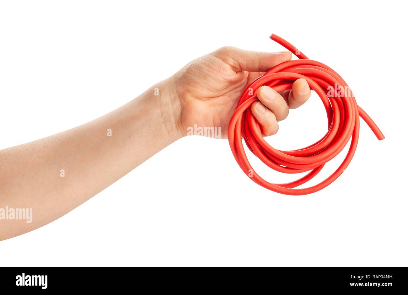 red microphone cable in hand path isolated on white Stock Photo