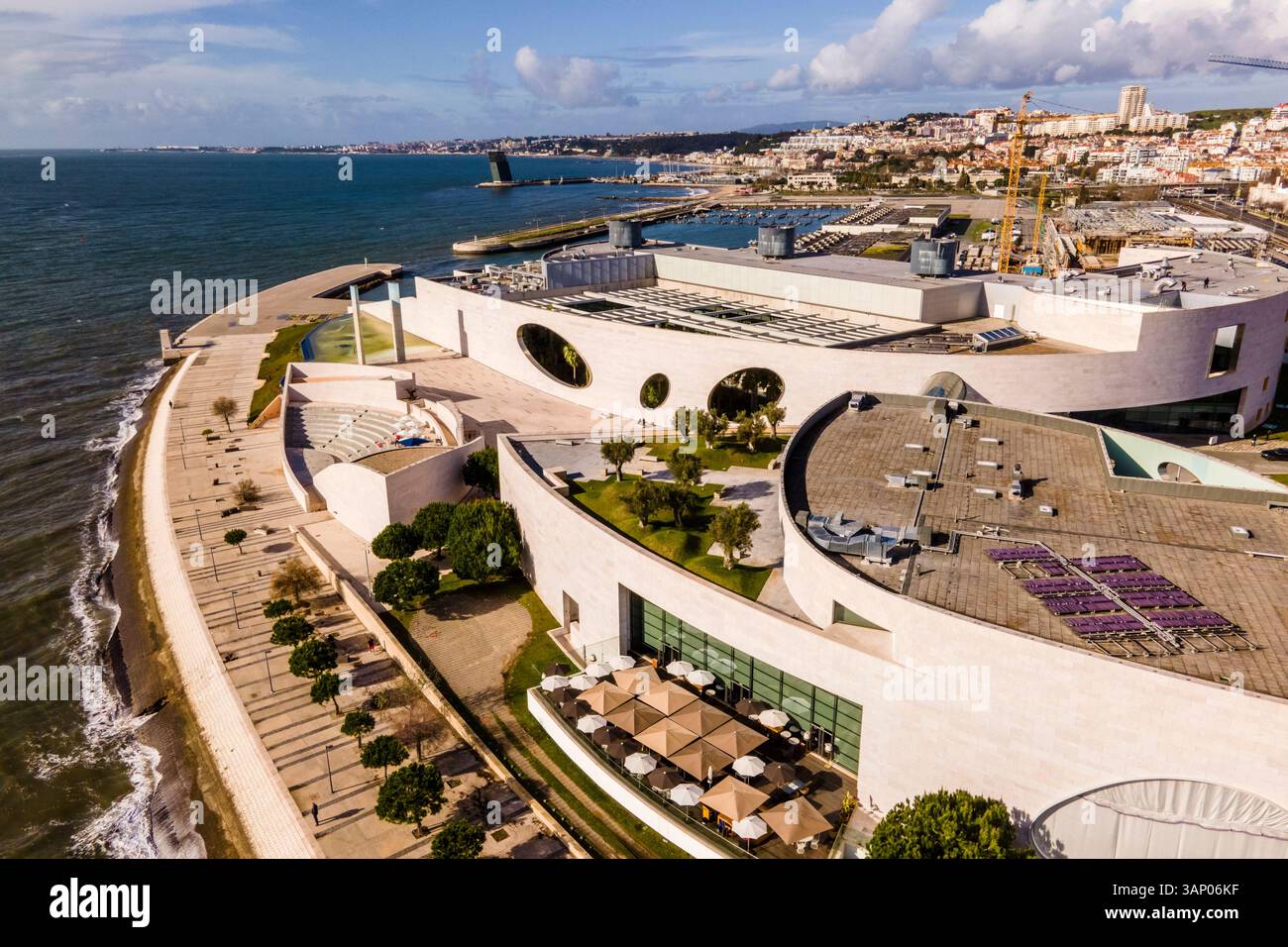 Aerial view of Fundacao Champalimaud, a modern architectural building ...