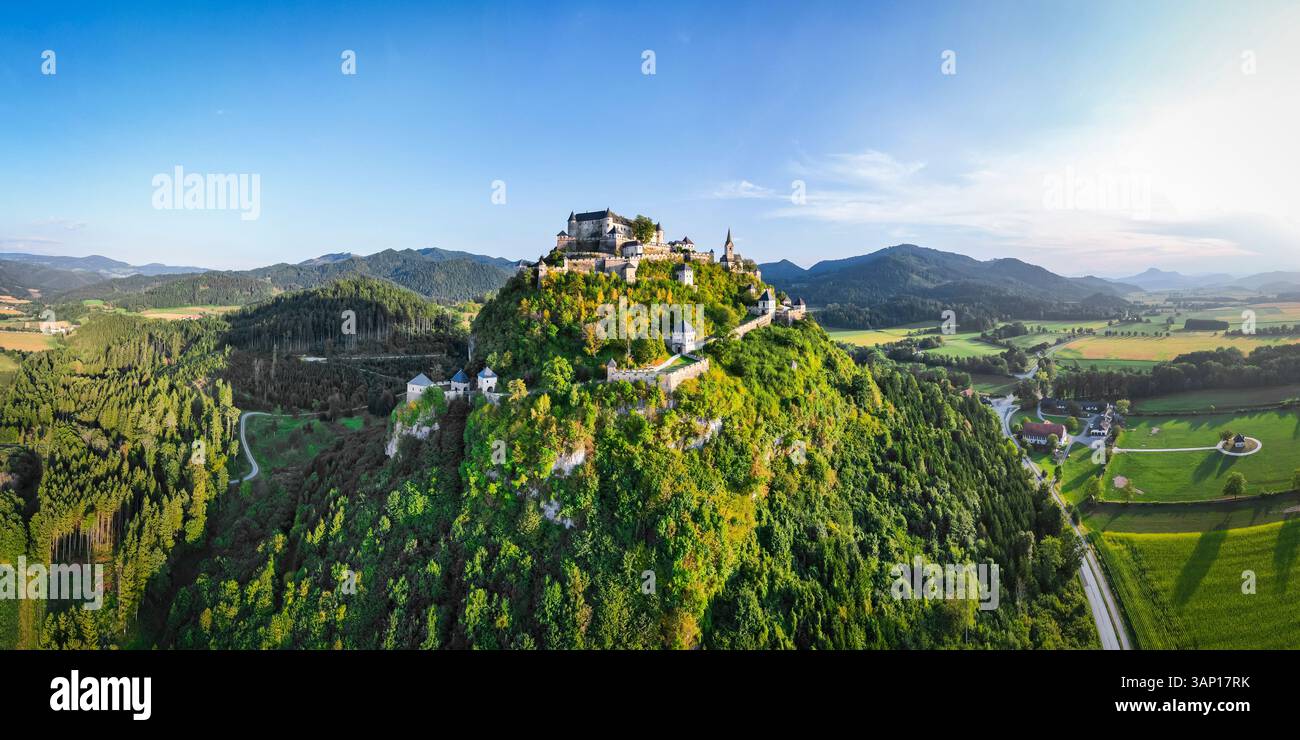 Aerial view of a majestic medieval castle on a hill surrounded by lush ...