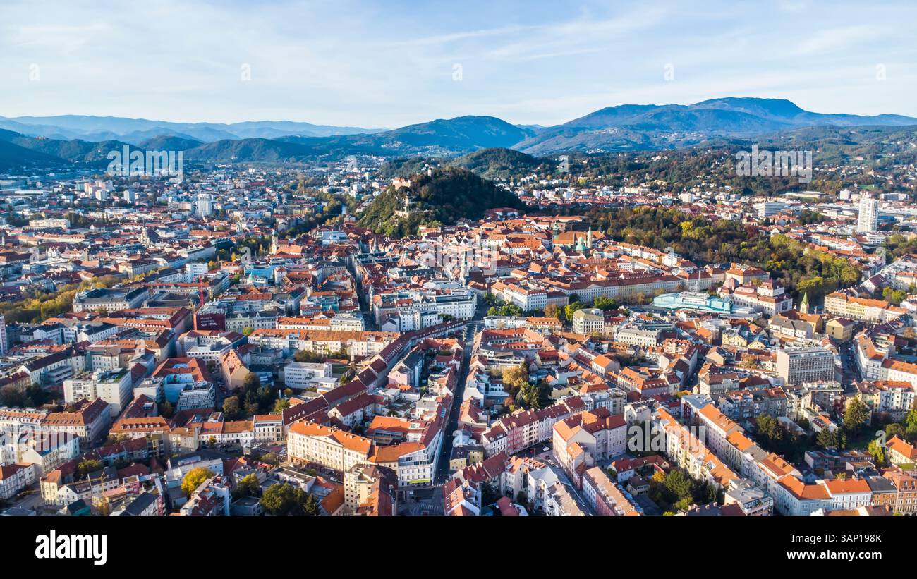 Aerial view of the historic cityscape featuring Schlossberg and the ...