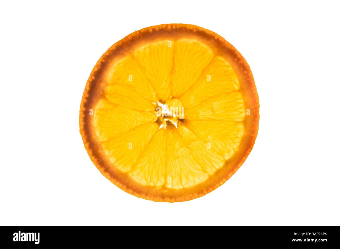 An orange slice backlit on a white background Stock Photo