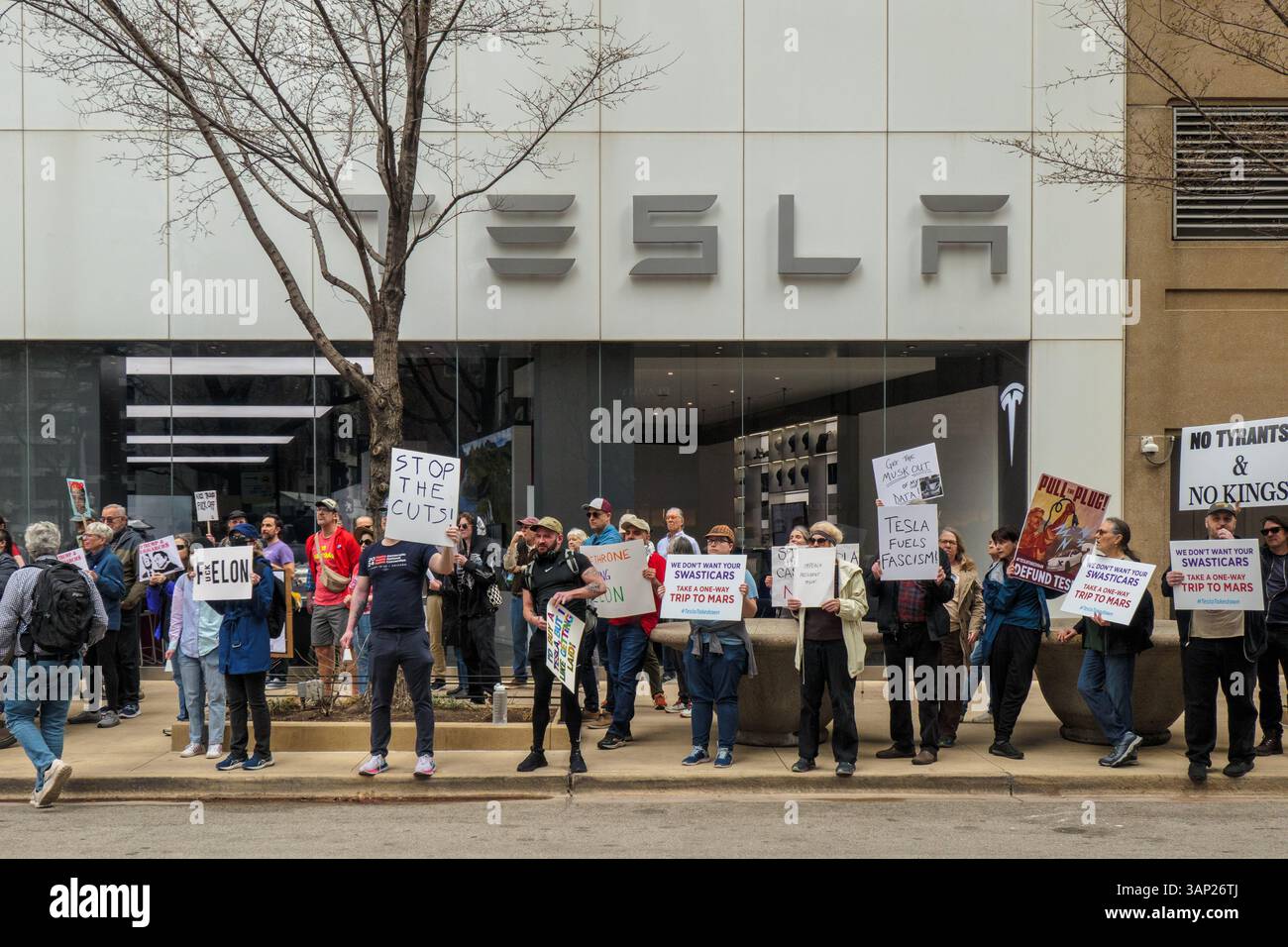 Tesla Takedown protest at Gold Coast Tesla showroom, Chicago, Illinois ...